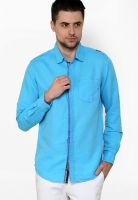 The Indian Garage Co. Solid Aqua Blue Casual Shirt