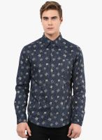 Yellow Submarine Navy Blue Printed Regular Fit Casual Shirt