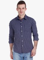 Zobello Navy Blue Striped Slim Fit Casual Shirt