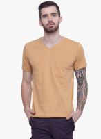 Alley Men Orange Solid V Neck T-Shirt