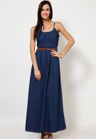 Elle Denim Blue Spaghetti Strap Maxi Dress With Belt With Belt