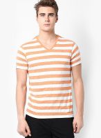 FREECULTR Orange Striped V Neck T-Shirts