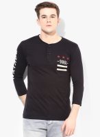Incult Black Henley Neck Print T-Shirt With 3/4 Length Sleeves