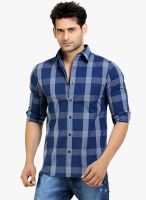 London Bee Navy Blue Checked Slim Fit Casual Shirt