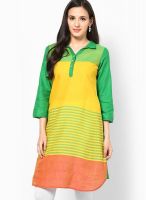 Raindrops Yellow Striped Print Cotton Silk Kurta