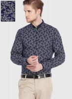 Black Coffee Navy Blue Printed Slim Fit Formal Shirt