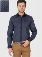 Black Coffee Navy Blue Printed Slim Fit Formal Shirt