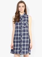 Fox Navy Blue Colored Checked Shift Dress