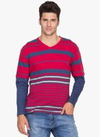 Hypernation Magenta Striped V Neck T-Shirt