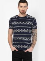 Incult Navy Blue Crew Neck T-Shirt With Aztec Panel Print