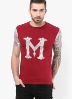 Monteil & Munero Maroon Printed Round Neck T-Shirts