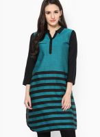 Raindrops Turquoise Striped Print Cotton Silk Kurta