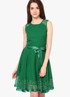 The Vanca Green Colored Solid Skater Dress