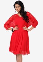 The Vanca Red Colored Solid Skater Dress