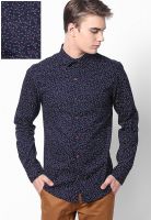 Atorse Navy Blue Printed Slim Fit Casual Shirt