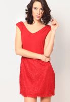 Besiva Sleeve Less Red Embroidered Dress