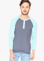 Campus Sutra Blue Solid Henley T-Shirts