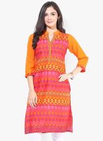 F Loop Orange Printed Cotton Kurta