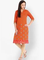 Folklore Orange Embroidered Kurtas