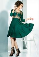 Inddus Green Colored Embroidered Skater Dress