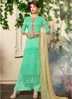 Inddus Green Embroidered Dress Material
