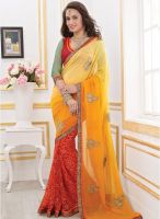 Inddus Yellow Georgette Embroidered Bandhej Saree