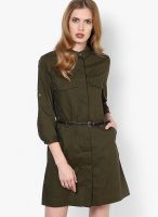 MANGO-Outlet Green Colored Solid Shift Dress