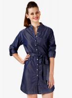 Miss Chase Blue Long Sleeve Solid Relaxed Dress