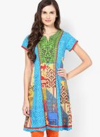 Rain & Rainbow Aqua Blue Printed Kurta