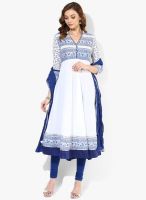 Sangria Off White Color Block Printed Flared Suit With Indigo Color Churidar And Indigo Color Voile Crushed Dupatta