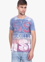 Slub Blue Printed Round Neck T-Shirts