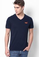 Superdry Navy Blue Solid V Neck T-Shirts