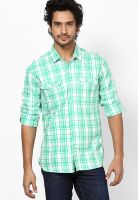 United Colors of Benetton Green Checks Casual Shirt With Stylised Double Pocket