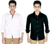 Yuva Men's Solid Casual Linen White, Black Shirt(Pack of 2)
