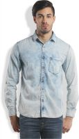 I-Voc Men's Self Design Casual Blue Shirt