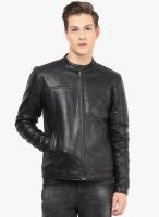 Atorse Black Solid Leather Jacket