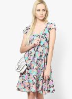 Harpa Aqua Blue Colored Printed Asymmetric Dress