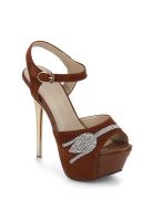 J Collection Tan Embellished Ankle Strap Stilettos