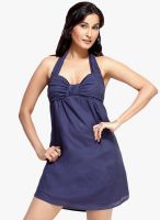 Loco En Cabeza Navy Blue Colored Solid Shift Dress