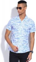 People Men's Printed Casual White, Blue Shirt