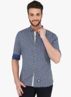 R&C Blue Printed Slim Fit Casual Shirt