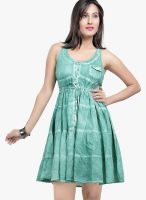 Raindrops Green Colored Solid Skater Dress
