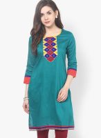 Span Green Embroidered Kurtis