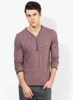 Tom Tailor Maroon Solid Henley Neck T-Shirt