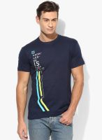 Afylish Navy Blue Printed Round Neck T-Shirt