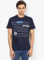 Afylish Navy Blue Printed Round Neck T-Shirt