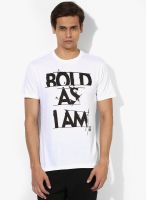 Afylish White Printed Round Neck T-Shirt