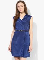 Annabelle By Pantaloons Navy Blue Colored Solid Skater Dress With Belt