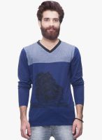 Avoir Envie Navy Blue Printed V Neck T-Shirt