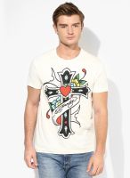 Ed Hardy Off White Printed Round Neck T-Shirt